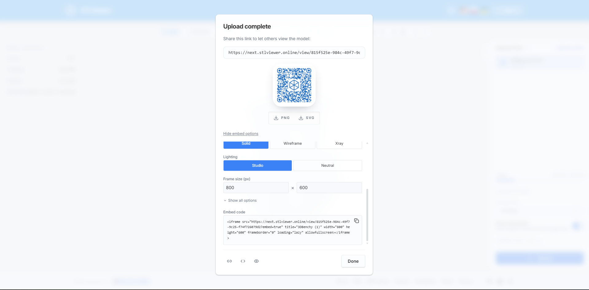 The Share dialog: copy the link, grab a QR code, or copy the embed snippet Placeholder — replace with a screenshot of the Share dialog open over the viewer, showing the share link field and the QR code