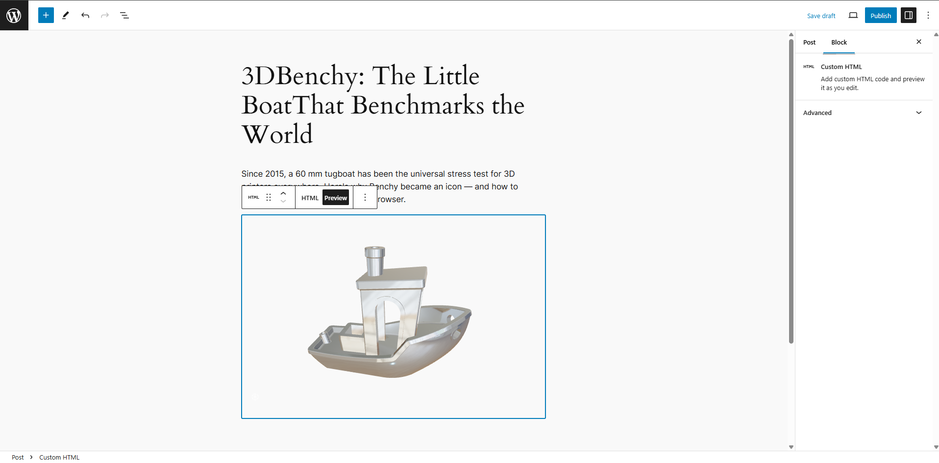 Pasting the iframe into a WordPress Custom HTML block Placeholder — replace with a screenshot of the WordPress block editor showing a Custom HTML block containing the STLViewer iframe snippet