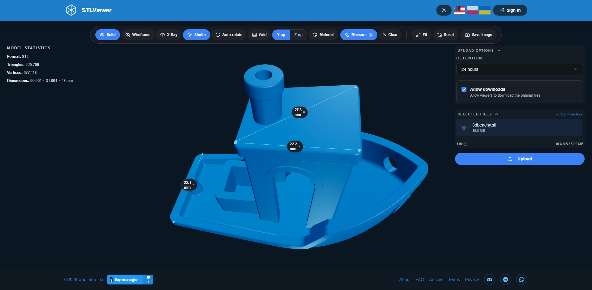 The measurement tool places anchor points and displays the exact distance between them STLViewer.online measurement tool showing a surface-to-surface distance on a 3D model